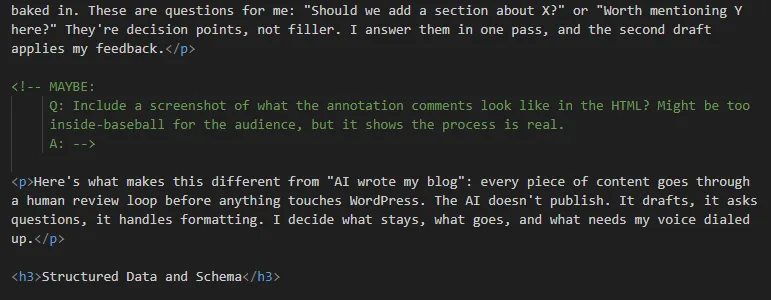 Screenshot of HTML annotation comments showing AI questions for the author to review