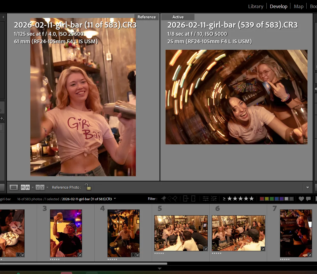 Lightroom Reference View with hero edit locked on left and current photo on right for consistency comparison