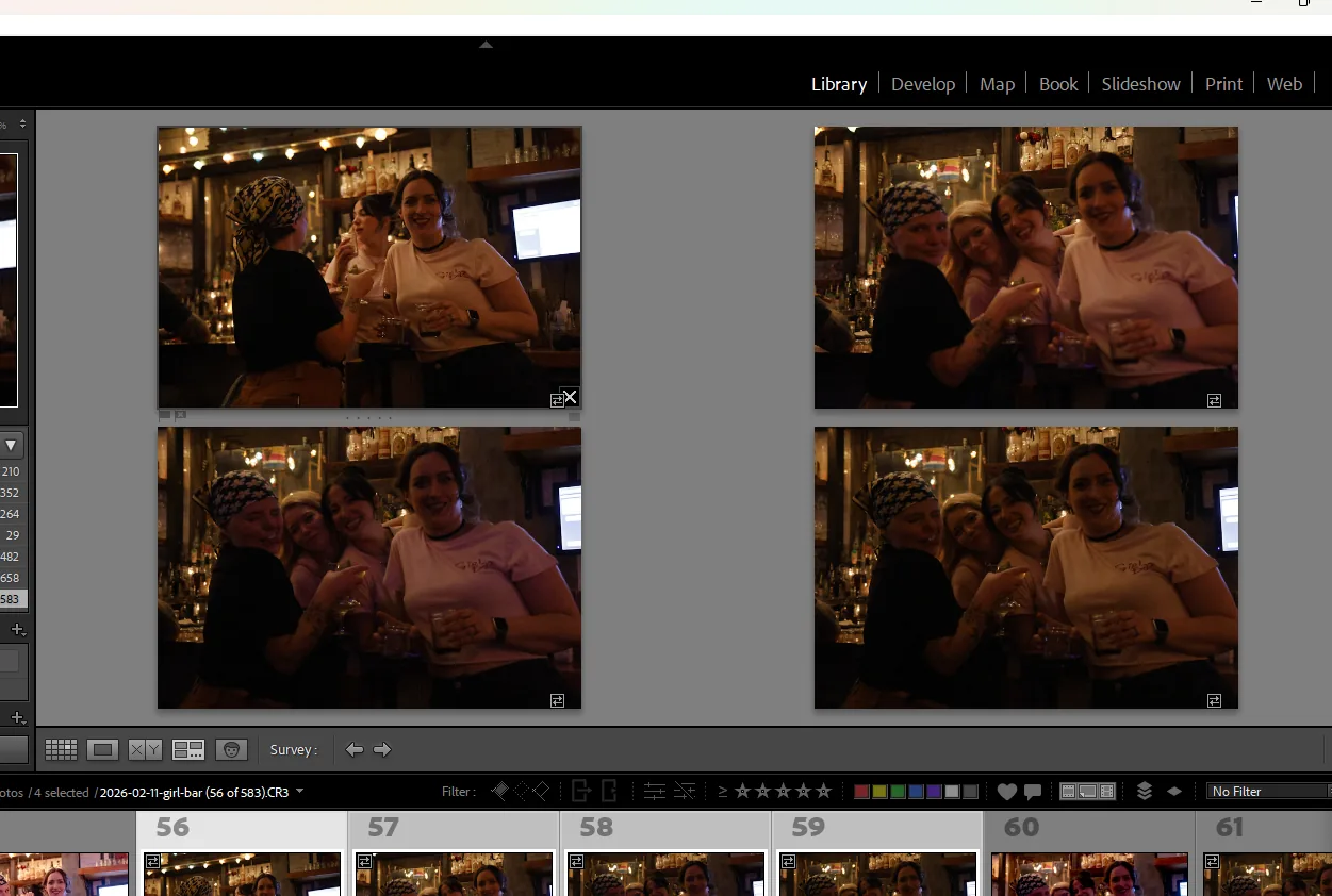 Lightroom Survey mode comparing similar photos side by side for duplicate culling