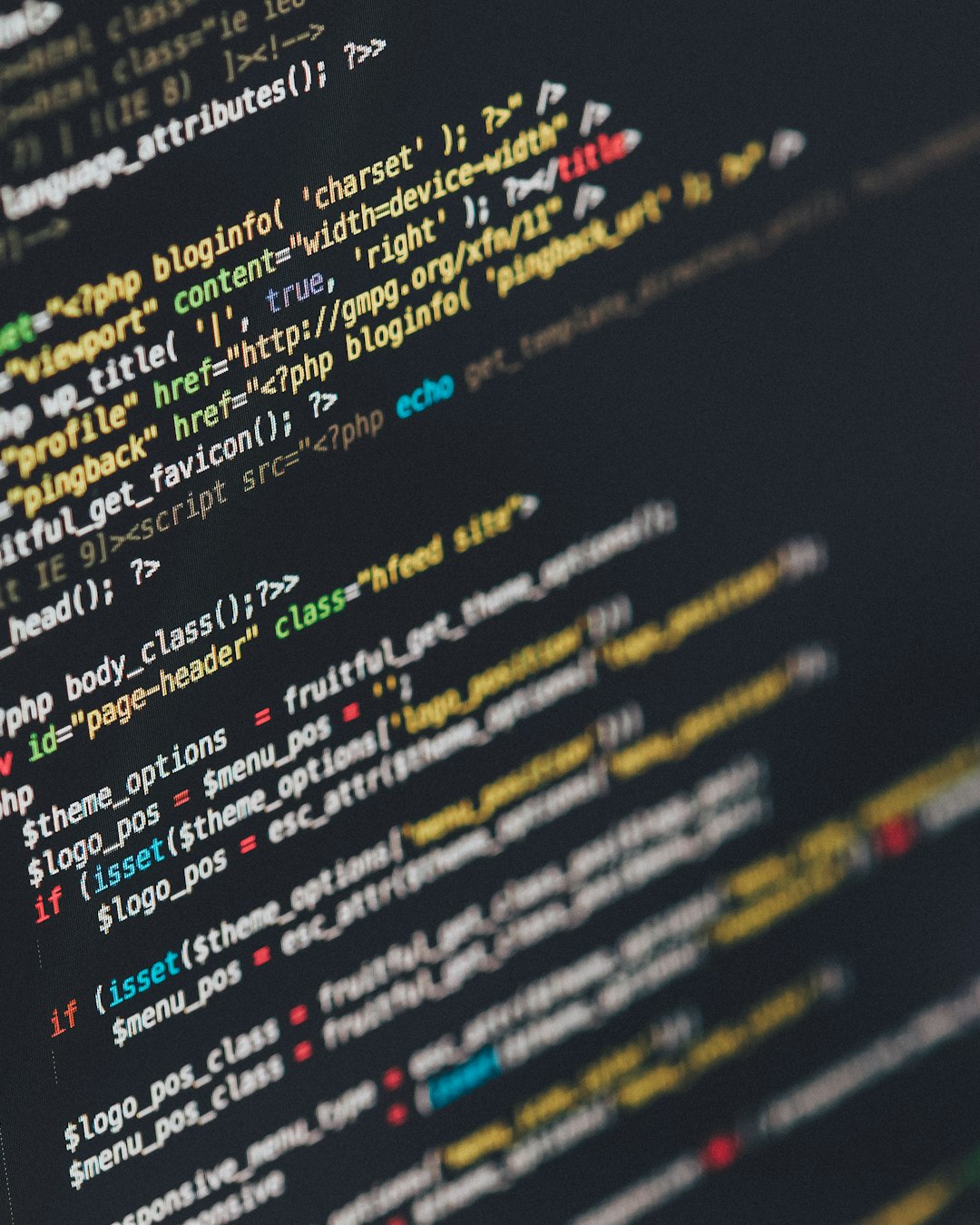 Close-up of WordPress PHP theme code on a computer screen, syntax highlighted